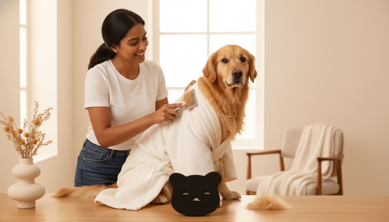A diverse person gently grooms a golden retriever with a stainless steel brush, a pet hair remover, and a super absorbent bat