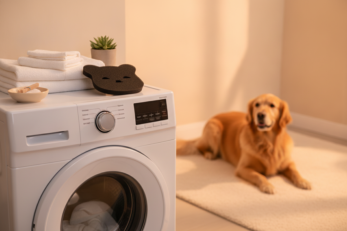 Small smiling bear laundry pet hair remover near a washing machine with a golden retriever in the background.
