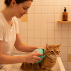 A woman gently bathes her short-haired cat using a silicone massage glove brush in a modern bathroom.