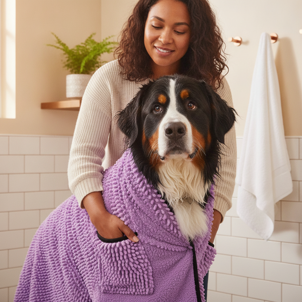 A Bernese Mountain Dog wrapped in a gray super absorbent pet bathrobe after a bath, held by a woman using the bathrobe's pock