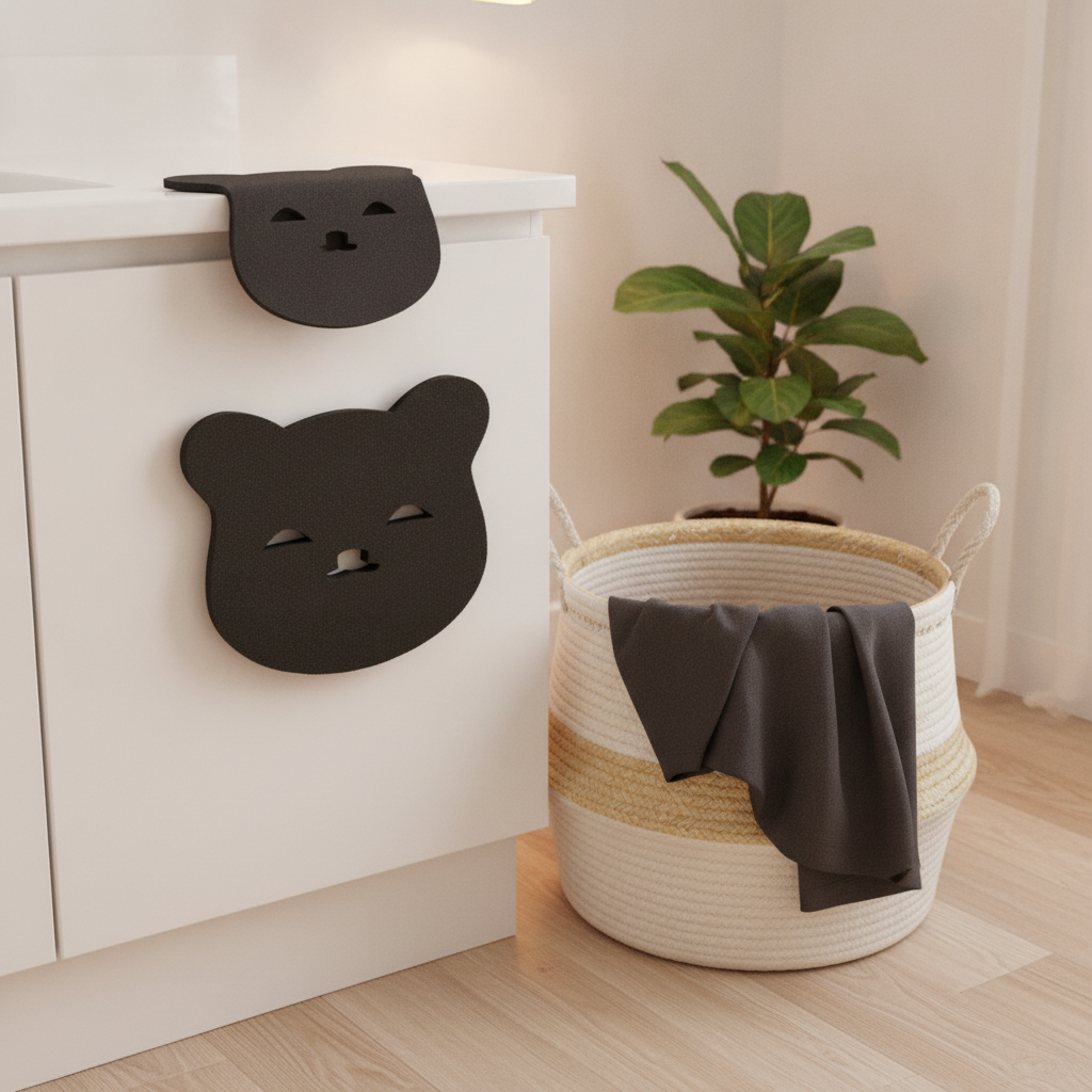 Laundry Pet Hair Remover, shaped like a smiling bear, next to a clean, hair-free dark t-shirt on a laundry basket.